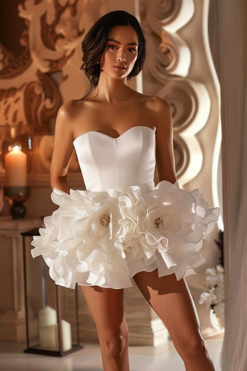 Ruffled Strapless White Homecoming Dress with 3D Flowers